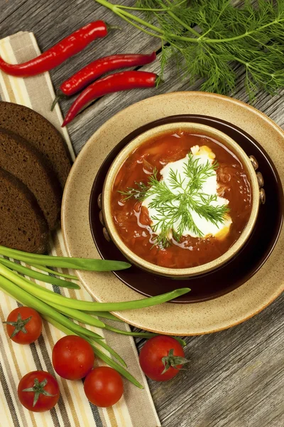 Red borscht with dill in ceramic  bowl — Stock Photo, Image