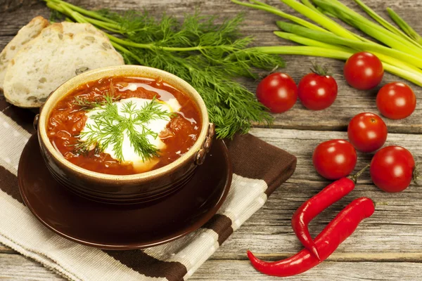 Borscht vermelho com endro em tigela de cerâmica — Fotografia de Stock