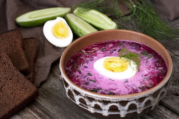 Kalte Gemüsesuppe mit Rüben, Gurken und saurer Sahne — Stockfoto