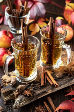 Koyu arkaplanda cam kadehte tarçınlı olgun taze elmalardan iç. Elma şarabı, şarap, tarçınlı punç. Sonbahar konsepti