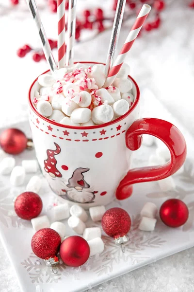 Ceramic Mug Filled Hot Chocolate Marshmallows Snow Background Christmas Holiday — Stock Photo, Image