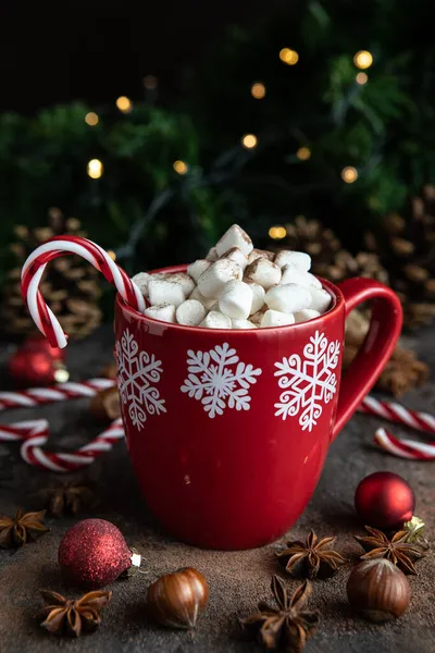 Чашка Горячего Шоколада Сливочным Зефиром Рождественский Праздник — стоковое фото
