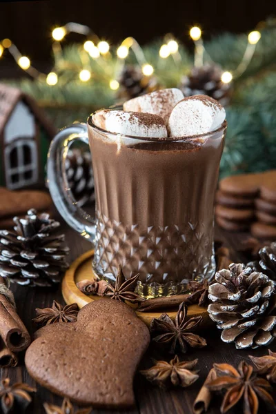 Copo Chocolate Quente Cremoso Com Marshmallows Derretidos Para Férias Natal — Fotografia de Stock