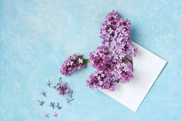 Λιλά Λουλούδια Και Φάκελο Στο Χρώμα Φόντο Σύνθεση Διακοπών Αντιγραφή — Φωτογραφία Αρχείου