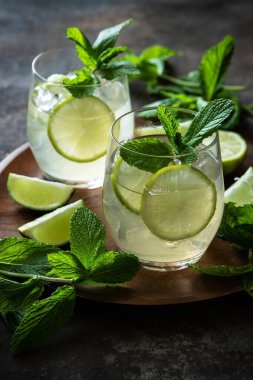 Koyu arkaplanda limonlu içecek ve nane yaprakları, seçici odaklanma. 