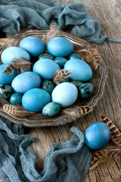Composition Colorful Easter Eggs Vintage Dish Selective Focus Shallow Depth — Stock Photo, Image