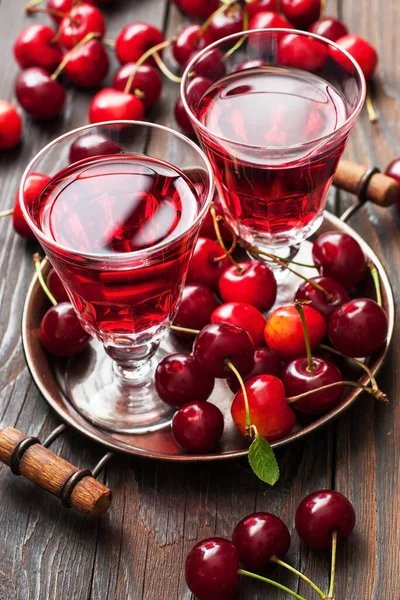 Glasses Strong Alcoholic Drink Cherry Liqueur Wooden Background — Stock Photo, Image