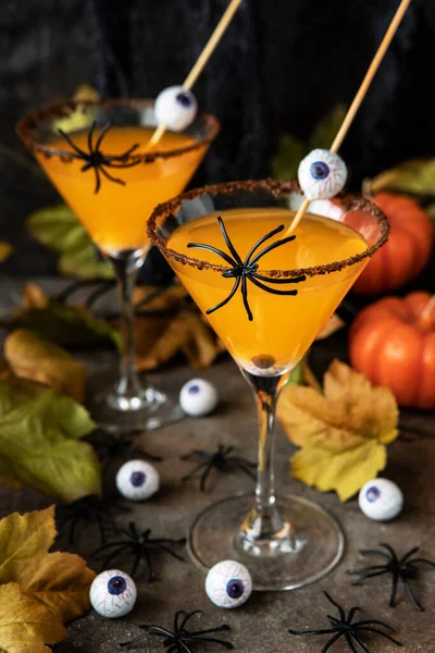Halloween Orange Cocktail Drink Concept Glasses Holiday Decorations Dark Background — Stockfoto