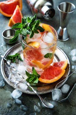 Nane aromalı greyfurt içeceği, soğuk yaz içeceği ve bar aksesuarları.