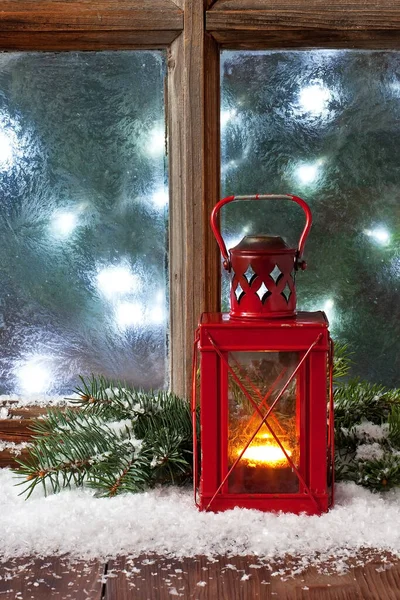 Fenêtre Givre Hiver Avec Lanterne Allumée Noël Avent — Photo