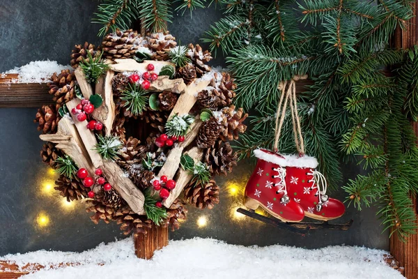 Christmas Still Life Fir Tree Decorations Frost Window — Stockfoto