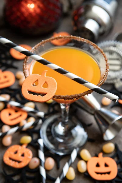 Orange Halloween Cocktail Holiday Pumpkin Decor Dark Mystical Autumn Background — Stock Photo, Image