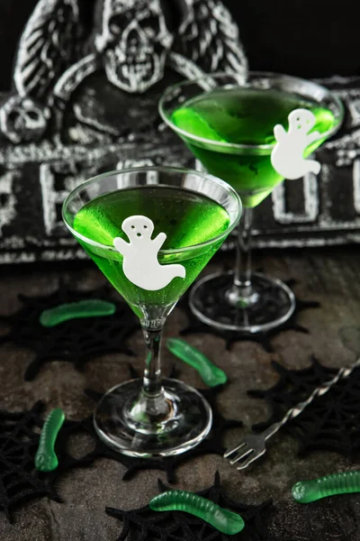 Halloween Green Cocktail Food Concept Glasses Ghost Holiday Decorations Dark — Stock Photo, Image