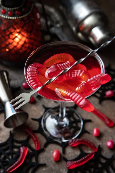 Spooky Bloody Cocktail Worms Traditional Drink Recipe Halloween Party Selective — Stock Photo, Image