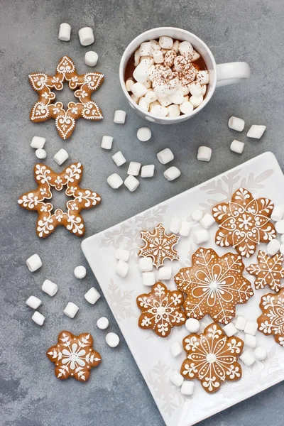 Cup Creamy Hot Chocolate Melted Marshmallows Gingerbread Cookies Christmas Holiday — Fotografia de Stock