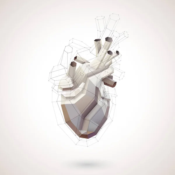 3D illustration of a polyhedron human heart using earth tones and a heart-shaped black lattice covering it.