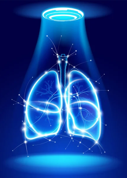3D human lung illustration made up of glowing white curves on a blue background with glowing dots representing medical technology.