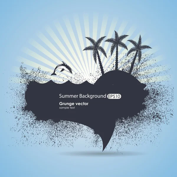 Grungy vecteur d'été avec l'île et les dauphins sur un bac bleu — Image vectorielle