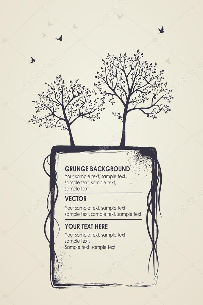 Grungy natural background. Silhouettes of trees and birds