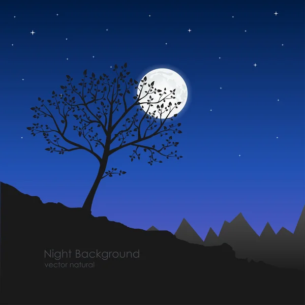 Ilustración vectorial de noche natural. La silueta del árbol y m — Vector de stock