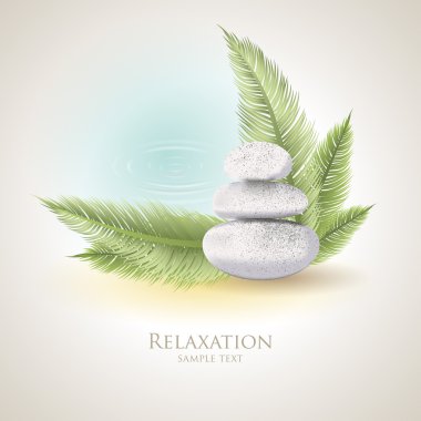 Zen taş zemin, palmiye yaprakları ve su dalgaları ile.