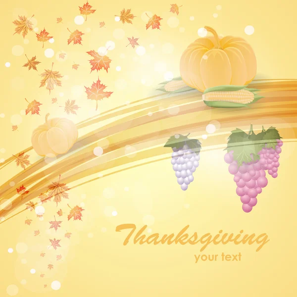 Thanksgiving vector pumpkin, corn, grapes and leaves in bright light yellow background — Stock Vector