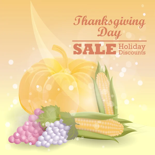 Thanksgiving sale design template with pumpkin, corn, grapes — Stock Vector