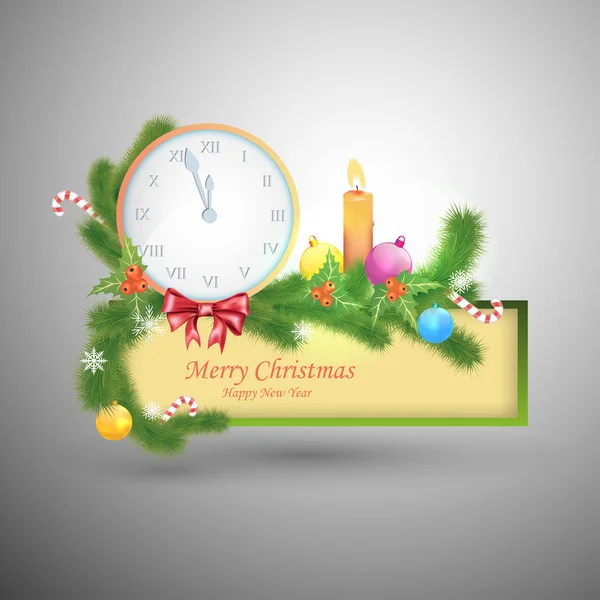 Feliz Navidad y Feliz Año Nuevo. Etiqueta vectorial con reloj y símbolos de la Navidad — Vector de stock