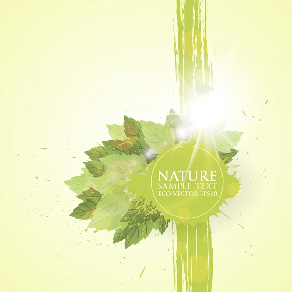 Abstrakt grön naturliga grunge bakgrund med blad och solen. — Stock vektor