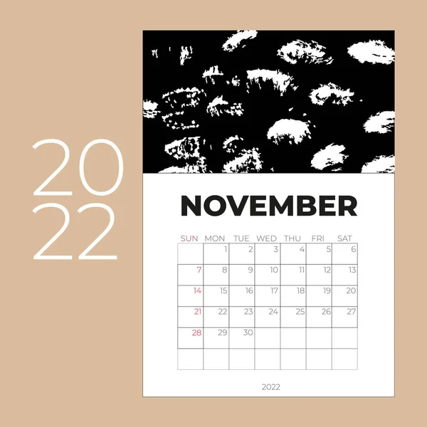 Ημερολόγιο Νοεμβρίου 2022. Επίπεδο στυλ. Η εβδομάδα αρχίζει την Κυριακή. Διάνυσμα — Διανυσματικό Αρχείο