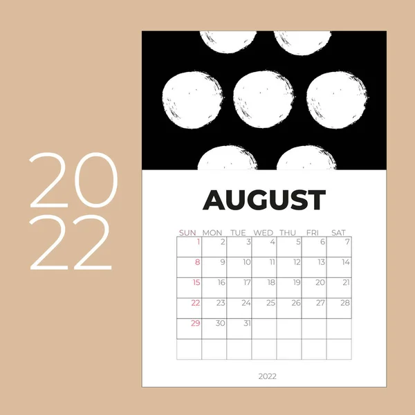 Calendar 2022 design template, August 2022 year layout, horizontal calendar design, — Stock Vector