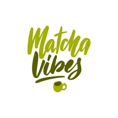 Matcha Vibes. Logo, tekstil tasarımı, çay dükkanı posteri ve içki promosyonu için doğrusal yazı harfleri vektörü. Modern Japon yeşil çay içeceği tasviri.