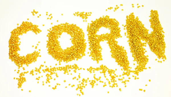 Wort "Mais" geschrieben mit getrockneten Maiskörnern auf weißem Hintergrund. — Stockfoto