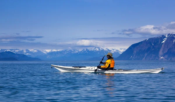 빙하 베이 국립 공원, 알래스카에 얕은 여성 kayaker 스톡 사진