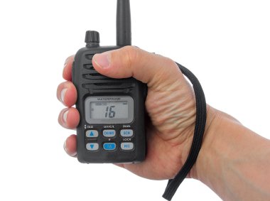 Man hand grasping marine radio. clipart