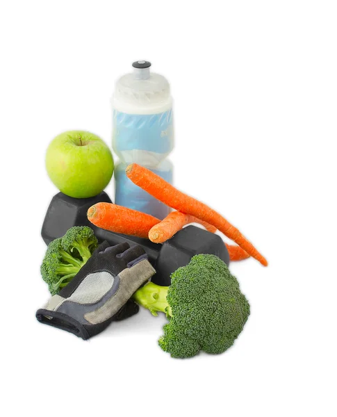 Hanteln aus Brokkoli mit Wasserflasche, Karotten, Handschuh und — Stockfoto