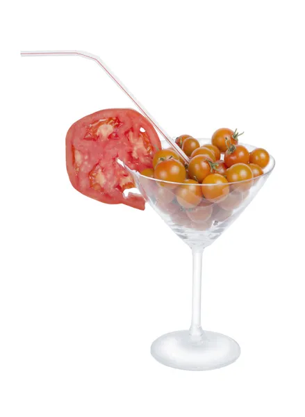 Tomato juice in the glass, orange cherry tomatoes and red tomato — Stock Photo, Image