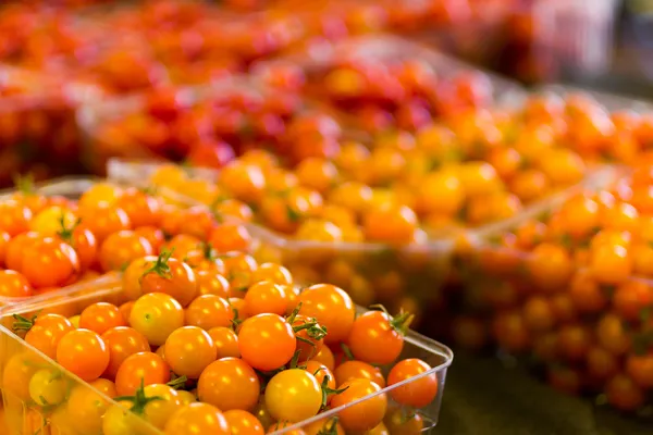 Tomates cereja no mercado local de agricultores . — Fotografia de Stock