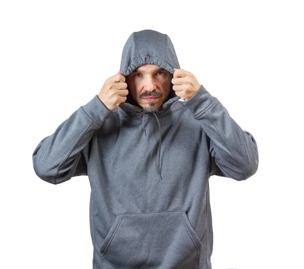 Erwachsener kaukasischer Mann in Kapuzenpulli isoliert auf weißem Hintergrund. — Stockbild Erwachsener Mann im Kapuzenpulli — Stockfoto