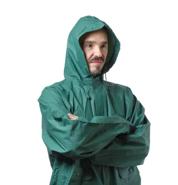 Hombre caucásico en traje de lluvia con capucha aislado sobre fondo blanco . — Foto de Stock