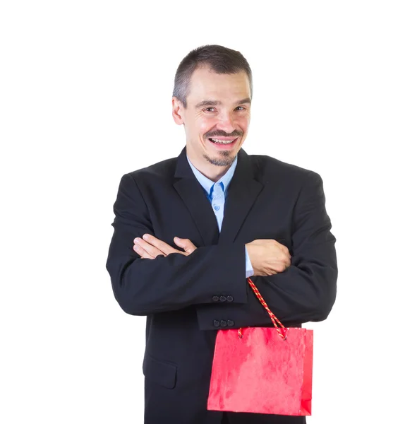 Hombre feliz con bolsa roja de compras . —  Fotos de Stock