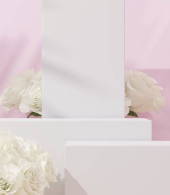 Ürün sunumu için kozmetik arka plan. Moda dergisi illüstrasyonu, güzellik ve kozmetik ürünleri için minimum podyum. 3d resimleme