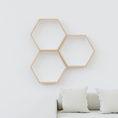 Altıgen ahşap raf, en az Japon tarzı. yüzen duvarda kopyalama alanı altıgen, kopyalama alanı.