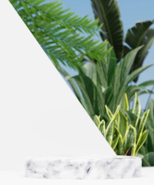 Ürün sunumu için kozmetik arka plan. Moda dergisi için minimal podyum, çimen doğal arka plan, güzellik ve kozmetik ürünleri. 3d resimleme