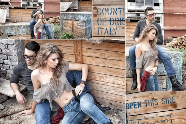Sexy pareja usando jeans y botas posando dramático collage — Foto de Stock