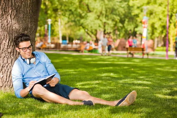 Przystojny mężczyzna pisać coś i odpoczynku na trawie w Zdjęcia Stockowe bez tantiem