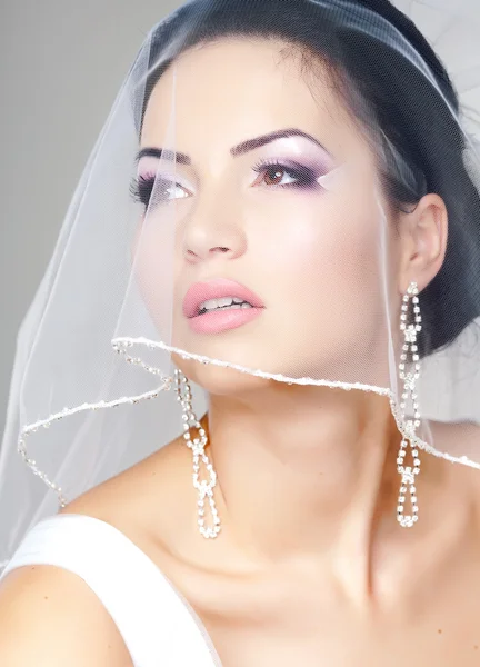 Hermoso retrato de novia con velo sobre su cara, usando maquillaje profesional —  Fotos de Stock