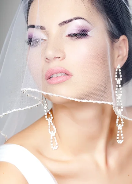 Hermoso retrato de novia con velo sobre su cara, usando maquillaje profesional —  Fotos de Stock