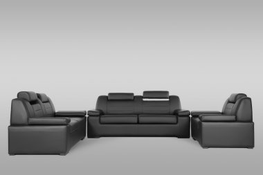 siyah deri kanepe üzerinde gri bir arka planda beyaz izole