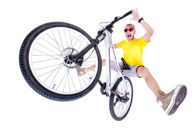 Deli Oğlan beyaz - geniş stüdyo çekim izole bir kir jump Bisiklet